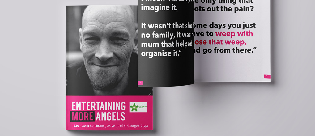 Front cover of the book we designed and created for homeless charity St George's Crypt in Leeds